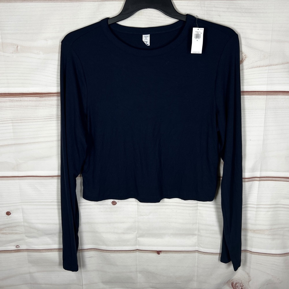 Old Navy Ultralite Top Women XL Blue Solid Ribbed Long Sleeve‎ Cropped T-Shirt